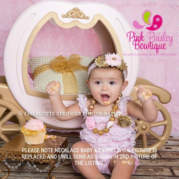 Gold Sparkle 1st Birthday Outfit: Pink Lace Romper, Headband & Clip