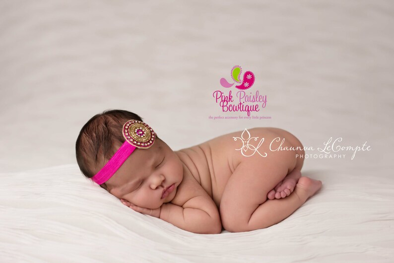 You Pick 1 Headband Newborn headband Baby Desi Headbands Infant headband Photography prop Baby Bows Indian Bows Gold Hot Pink image 3