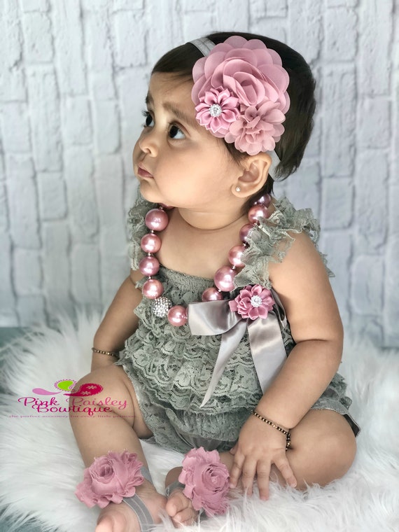 Cake Smash Outfit Baby Girl 1st Birthday Outfit Gray vintage Pink Birthday party Baby Girl Rompers Cotton Candy Birthday