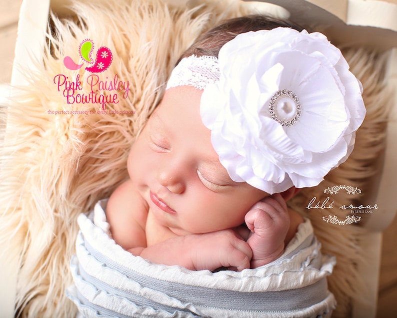 Baptism Headband Christening Baby Headband Flower Girl Headband White