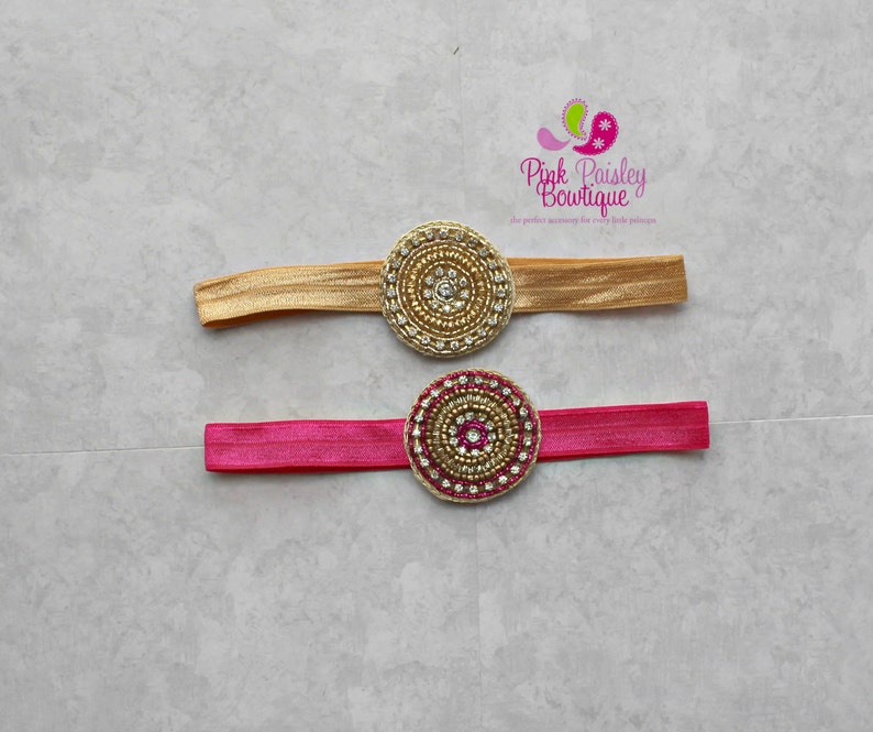 You Pick 1 Headband Newborn headband Baby Desi Headbands Infant headband Photography prop Baby Bows Indian Bows Gold Hot Pink image 2