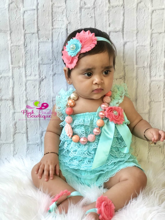 Lace Romper for Babies and Girls Aqua Lace Romper for Babies and Girls Aqua