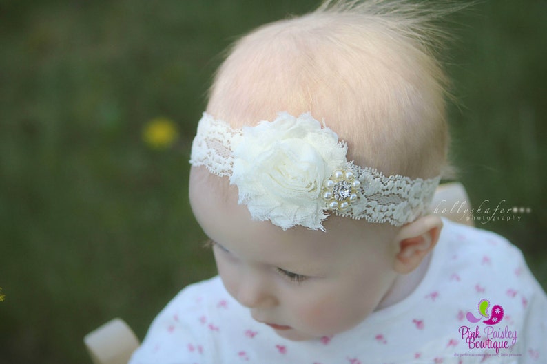 Baptism Headbands. White or Ivory Newborn Headbands. Baby Hair Accessories. Christening Headbands. Infant Headbands. Baby Baptism. Ivory Bow image 6