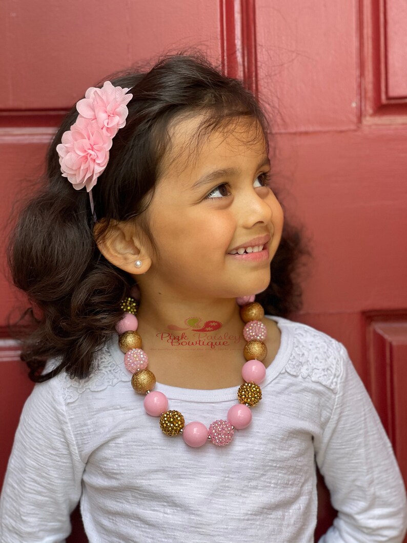 Pink & Gold Necklace, Bubblegum Necklace and headband set , Girls/Toddlers Chunky , Multi-Color Girls Necklace, image 1