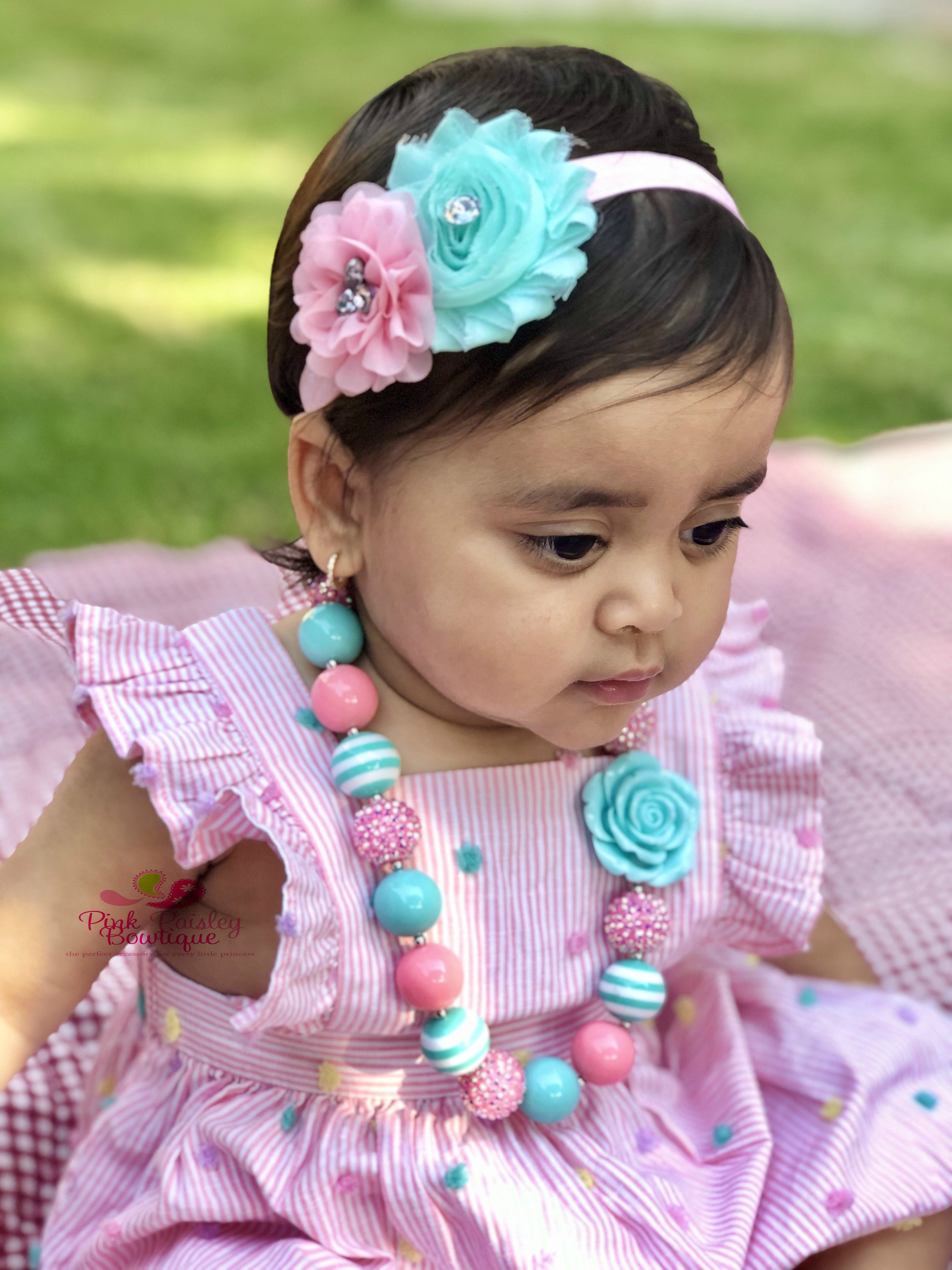 Aqua Necklace Headband Set Baby Girl 1st Birthday Headband Set Baby Girl Necklace Set Cake Smash Photo Prop Pink