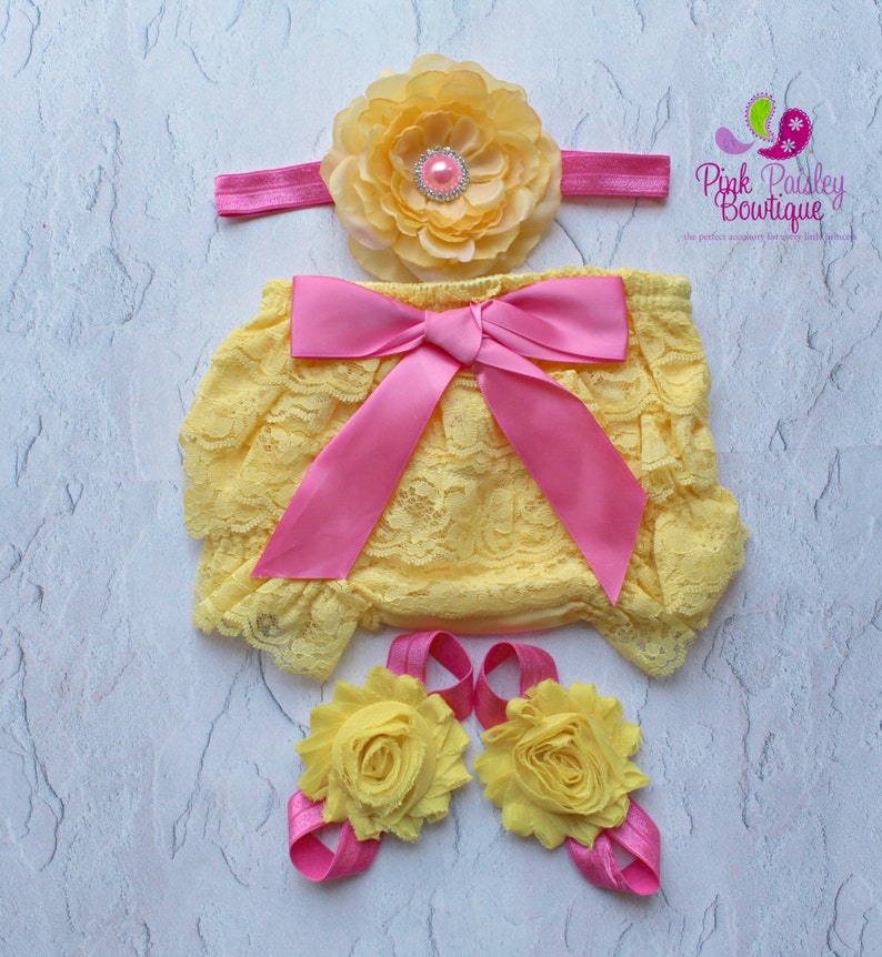 Yellow Baby Lace Bloomer Set Pink Lemonade 1st Birthday Etsy
