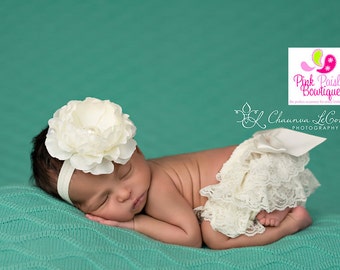 Ivory Lace Baby Bloomer Set: Newborn Photo Prop, Christening Outfit