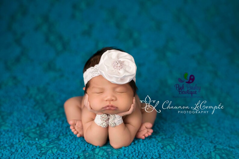 Newborn Bracelet And Headband Set. Unique Newborn Photo Prop. Infant Headband and Baby Wristlet set. Baby fingerless gloves Baby Accessories image 1