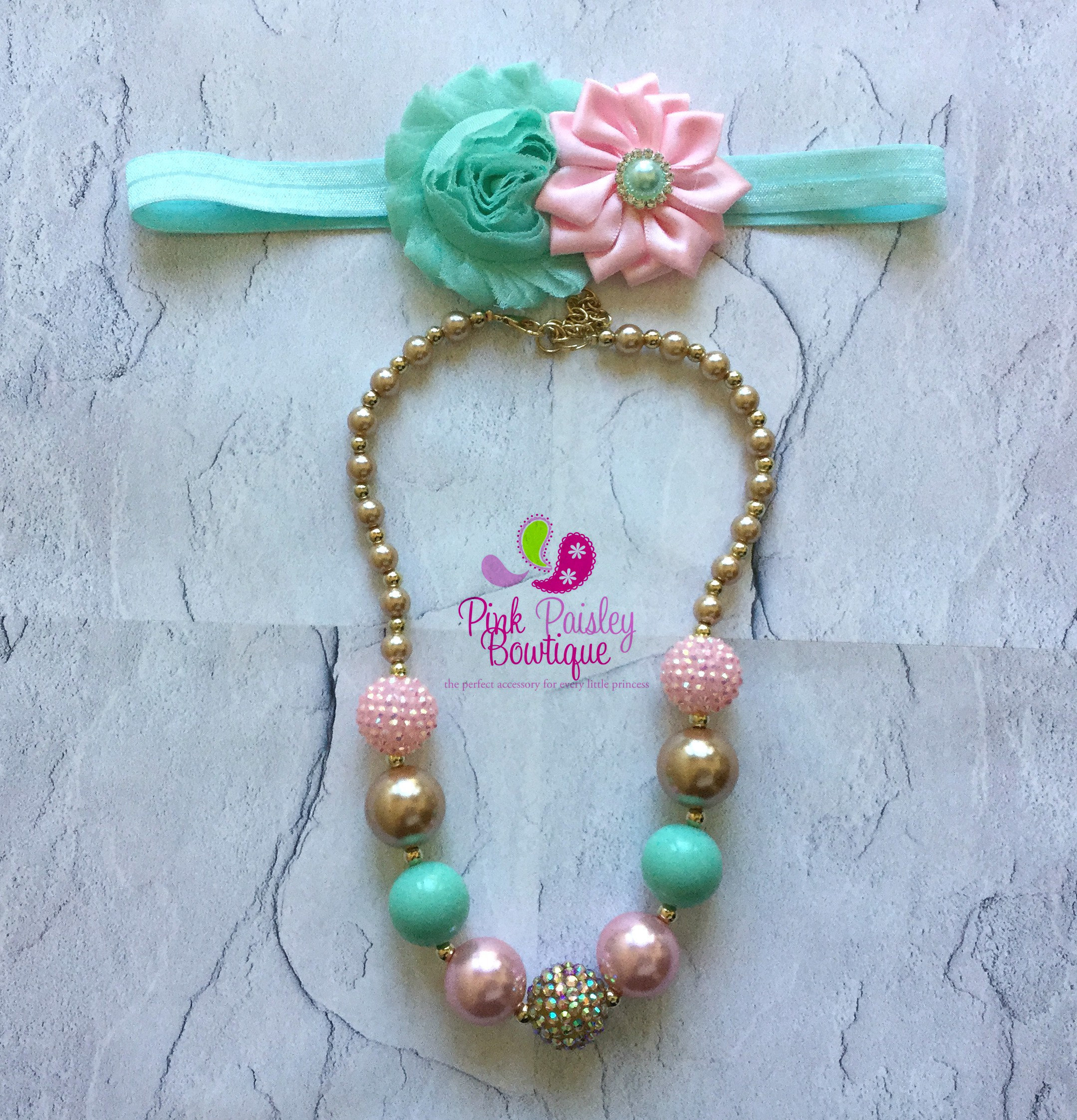 Pink Mint & Gold Chunky Necklace Mint and Gold Baby Necklace Etsy