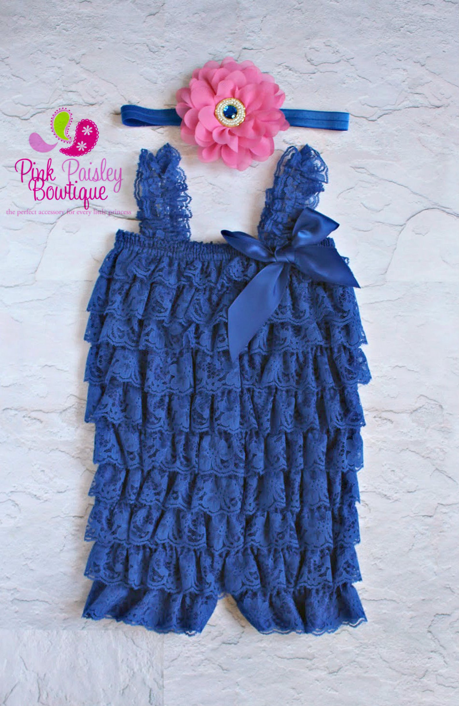 Royal Blue lace romper headband 2 pc SET Baby girl 1st Etsy