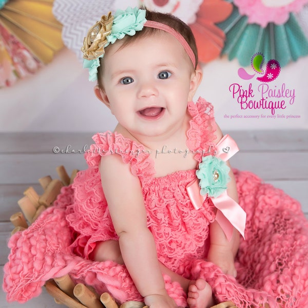 Cake Smash Outfit - 3, 4, 5 pc SET- Baby Girl 1st Birthday Outfit - Coral Mint Gold Baby Romper - Baby Girl Clothes - 6 month photo shoot