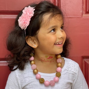 Pink & Gold Necklace, Bubblegum Necklace and headband set , Girls/Toddlers Chunky , Multi-Color Girls Necklace, image 3