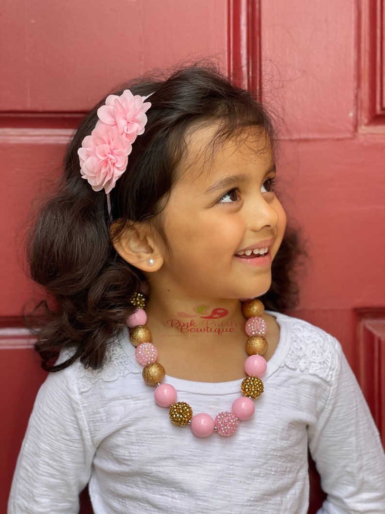 Pink & Gold Necklace, Bubblegum Necklace and headband set , Girls/Toddlers Chunky , Multi-Color Girls Necklace, image 3