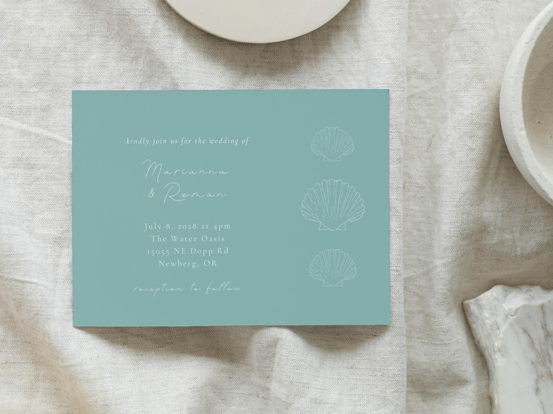 Scallop Shell Wedding Invitation Bundle, Coastal Templates, Teal ...