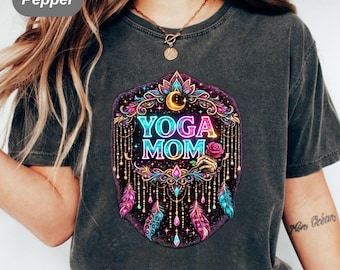 Boho Design Neon Yoga Mom Shirt , Sparkle  Bohemian Mom Gift , Meditation Colorful Mama Tee