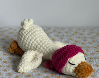 Custom Crochet Goose Plush with Bonnet, Chenille Stuffed Animal, Nursery Decor