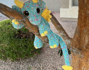 Blue Floral Dragon Snuggler | Crochet Baby Dragon Stuffed Animal, Fantasy Nursery Decor
