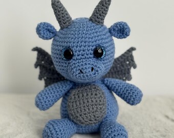 Handmade Blue Crochet Dragon Plush – Amigurumi Fantasy Nursery Decor - Dusk the Enchanted Dragon