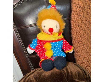 Vintage Plush Clown Doll Polka Dot Circus Stuffed Toy Red Blue Yellow 10 inch