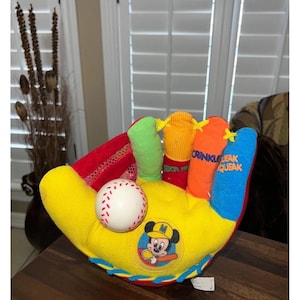 Vintage Mattel Disney Baby Mickey Mouse Plush Baseball Glove Learning Toy image 1