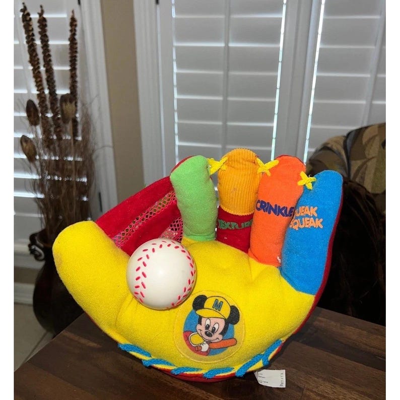 Vintage Mattel Disney Baby Mickey Mouse Plush Baseball Glove Learning Toy image 1