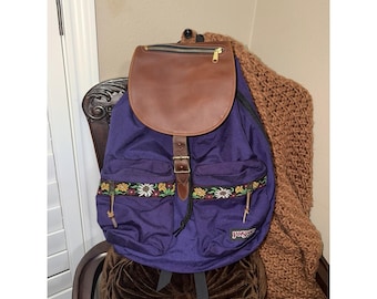 Vintage 90s Jansport Backpack Made in USA Leather Flap Rare Rubberized