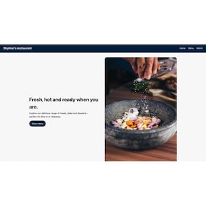 May include: A website for Shyline's restaurant. The page features the text "Fresh, hot and ready when you are." and "Explore our delicious range of meals, sides and desserts - perfect for dine-in or takeaway." A dark gray stone bowl contains chopped vegetables. A hand sprinkles spices into the bowl.