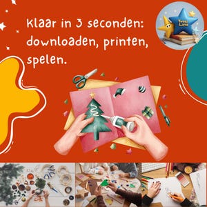 Puede incluir: Un gráfico digital sobre un fondo rojo con el texto "klaar in 3 seconden: downloaden, printen, spelen." y un logotipo circular con una estrella azul etiquetada "Twinki Land". El centro muestra una ilustración de manos creando un árbol.