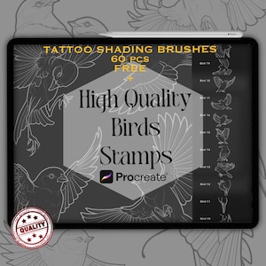 May include: A digital art design on a tablet, featuring bird stamps for Procreate. The design includes the text "TATTOO/SHADING BRUSHES," "High Quality Birds Stamps," and "60 PCS FREE." A pencil rests on the tablet's edge, with a quality seal in the corner.