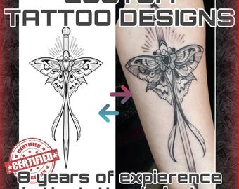 May include: Black and white tattoo design of a moth with a sword-like body. The design is next to a tattoo of the same design on an arm. Text reads "CUSTOM TATTOO DESIGNS" and "8 years of experience in the tattoo industry."