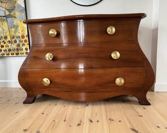 Handmade Spanish Style Mahogany Dresser, Luxury Polished Wood Chest with Brass Accents, Bespoke Hollywood Regency Commode