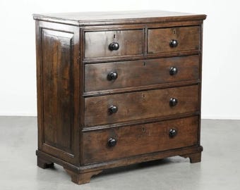 Handmade English Style Oak Chest of Drawers, Artisan 5-Drawer Chest with Paneled Sides, Bespoke Rustic Oak Storage Cabinet