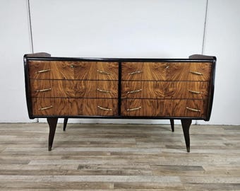 Handmade 6-Drawer Burl Wood Chest with Protective Glass Top, Artisan Ebonized Trim Sideboard, Bespoke Brass Detail Wide Commode