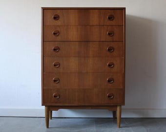 Handmade Vertical 6-Drawer Teak Chest, Solid danish style Wood Highboy with Sculpted Handles, Artisan Scandinavian Style Storage