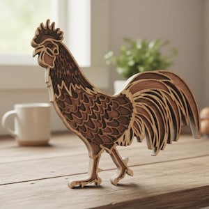 Könnte beinhalten: Eine Holzskulptur eines Hahns mit aufwendigem Schichtdesign. Der Hahn ist braun und hellbraun, mit detaillierten Federmustern und einem markanten Kamm. Er steht auf einer Holzoberfläche, was ein rustikales Thema suggeriert.