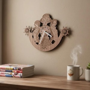 May include: Wooden wall clock featuring a detailed design of three anime characters. The clock has a light brown finish, with a circular shape and a visible clock face. The hands are white, and the clock is mounted on a beige wall.