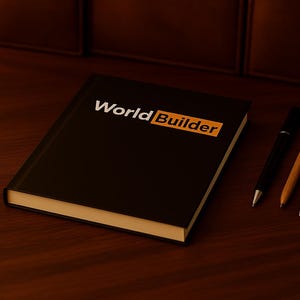 May include: A black notebook with the text "World Builder" in white and an orange rectangle. Two black pens and one wooden pen are next to the notebook on a wooden surface.
