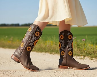 Sunflower Cowboy Boots | Brown Leather Western Boots | Embroidered Country Footwear