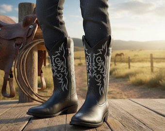 Embroidered Cowboy Boot | Black Leather Square Toe Western Boot for Men | Rodeo Style Footwear
