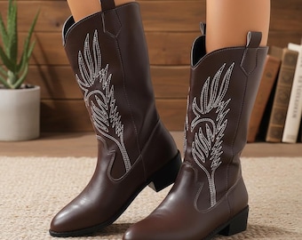 Brown Faux Leather Western Embroidered Mid-Calf Cowboy Boots