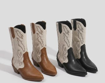 Bottes de cowboy western brodées - Style cowgirl mi-mollet pour femmes, chaussures à bout pointu