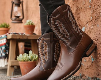 Haftowane buty w stylu western | Brązowe skórzane kowbojki | Męskie obuwie z kwadratowymi noskami