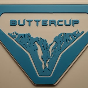 May include: A teal and white emblem with the word "BUTTERCUP" in bold letters. The emblem has a diamond shape with a teal border and a white interior. A teal graphic is in the center.
