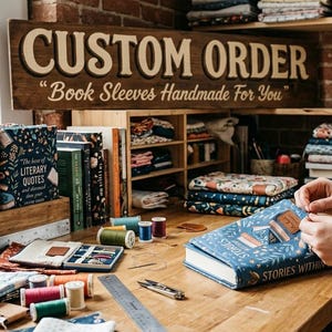 Op de afbeelding: Een werkplaats met een houten bord met de tekst "CUSTOM ORDER" en "Book Sleeves Handmade For You". Op een houten tafel liggen boekomslagen, garenrollen en naai-gereedschap. Een boek met "STORIES WITHIN" wordt bewerkt, met handgemaakte boekomslagen.