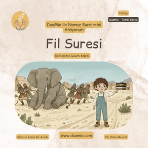 May include: An illustrated book cover with the title "Fil Suresi" in Turkish. The image depicts an elephant being pulled by soldiers, a child pointing towards a city, and text in Turkish.