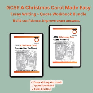 May include: Two digital tablet screens displaying educational workbooks titled GCSE A Christmas Carol Essay Writing Workbook and GCSE A Christmas Carol Quote Workbook. Both covers feature a black and white illustration of a person by a fireplace.