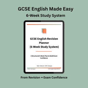 May include: A digital tablet shows the text "GCSE English Revision Planner (6-Week Study System)". The image includes the text "GCSE English Made Easy" and "From Revision → Exam Confidence" on a light green background.
