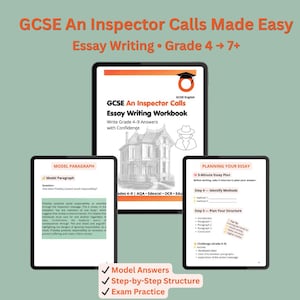 May include: A digital image of three tablets displaying educational content. The largest tablet shows a workbook cover with the title "GCSE An Inspector Calls Essay Writing Workbook." Smaller tablets display model paragraphs and essay planning guides. The text includes "Model Answers" and "Exam Practice."