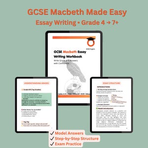 May include: Three digital tablets displaying educational resources for GCSE Macbeth essay writing. The main tablet shows a workbook cover with a bird and skull graphic. Other tablets show essay structure and grade tips.