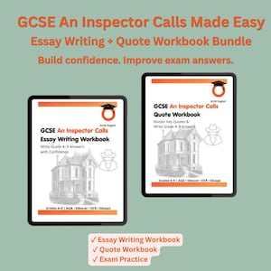 May include: A digital bundle featuring two workbooks titled GCSE An Inspector Calls Essay Writing Workbook and GCSE An Inspector Calls Quote Workbook. Both covers display a house illustration, a hat icon, and text listing exam boards.